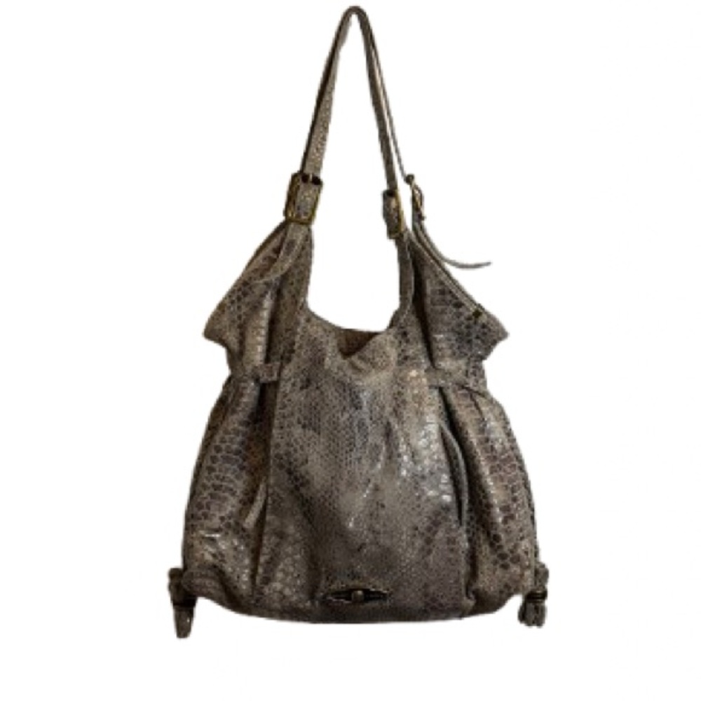 Elliott Lucca Metallic Taupe Snake-Embossed Shoulder Bag